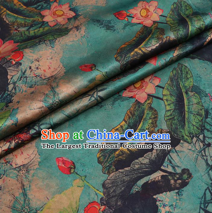 Chinese Cheongsam Classical Lotus Pattern Design Blue Watered Gauze Fabric Asian Traditional Silk Material