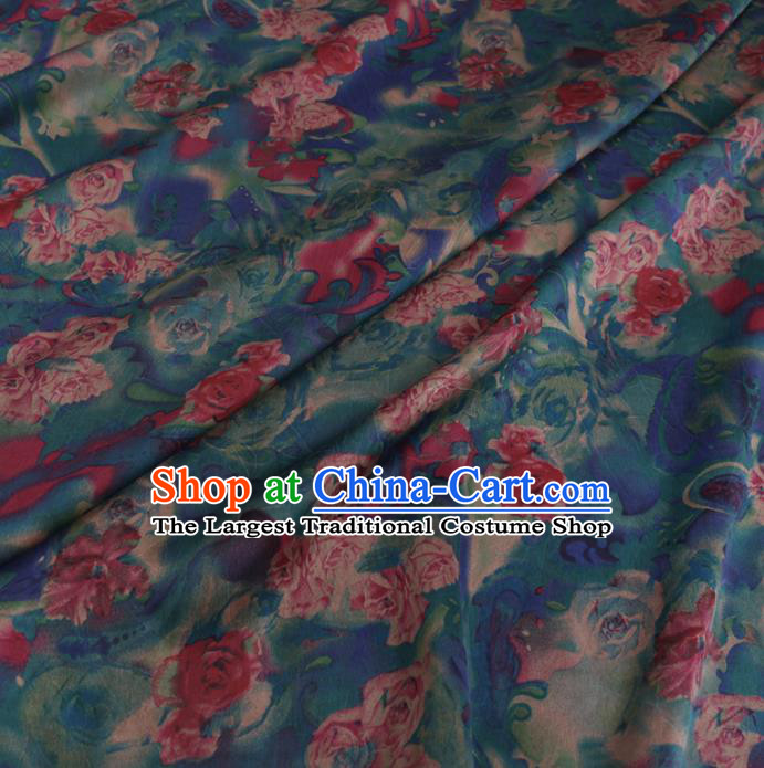 Chinese Cheongsam Classical Roses Pattern Design Blue Watered Gauze Fabric Asian Traditional Silk Material