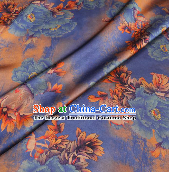 Chinese Cheongsam Classical Blue Peony Pattern Design Yellow Watered Gauze Fabric Asian Traditional Silk Material