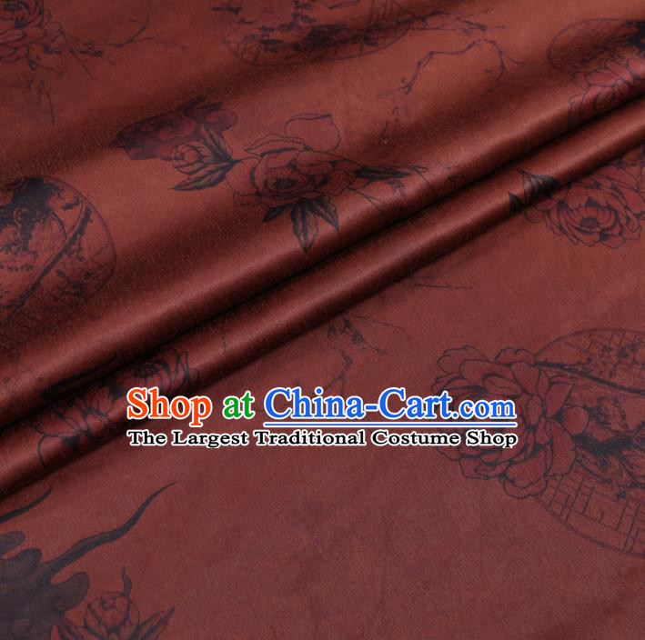 Chinese Cheongsam Classical Plum Peony Pattern Design Rust Red Watered Gauze Fabric Asian Traditional Silk Material