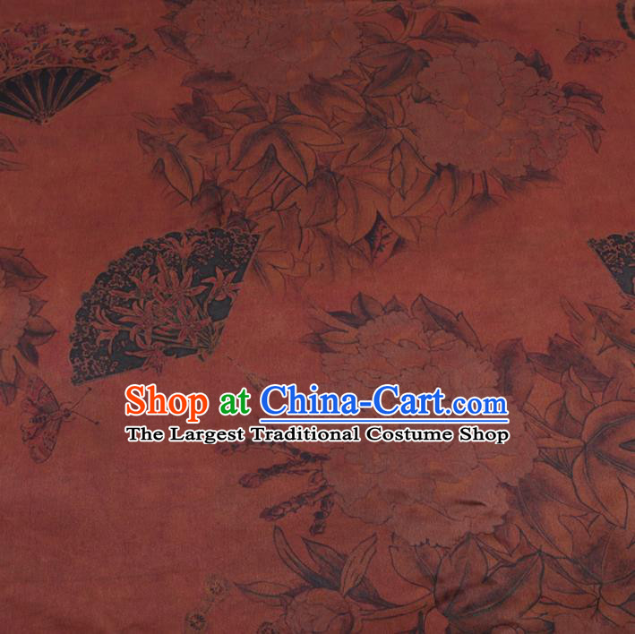 Chinese Cheongsam Classical Peony Fan Pattern Design Rust Red Watered Gauze Fabric Asian Traditional Silk Material