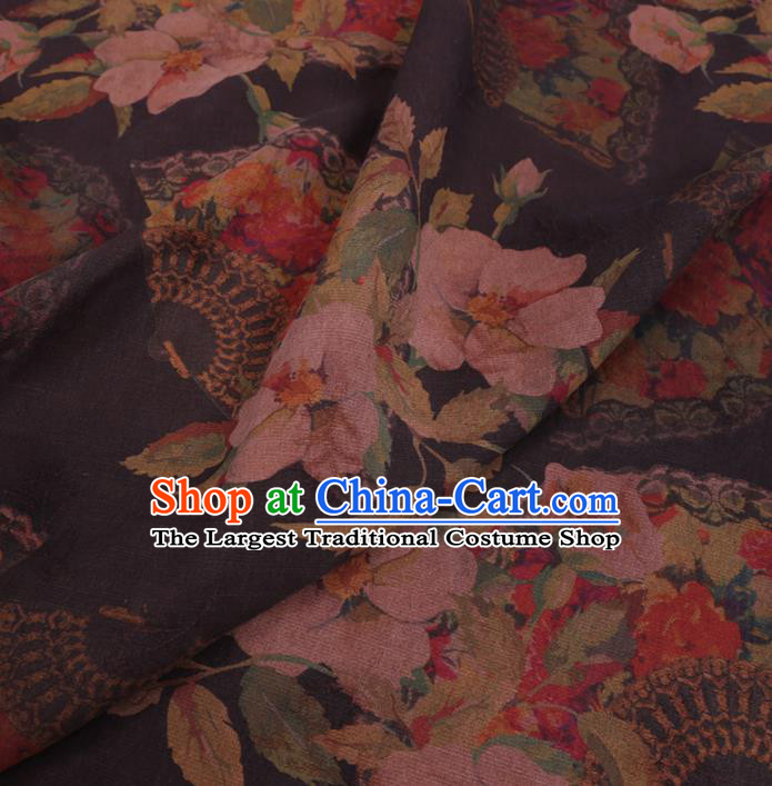 Chinese Cheongsam Classical Camellia Fan Pattern Design Black Watered Gauze Fabric Asian Traditional Silk Material