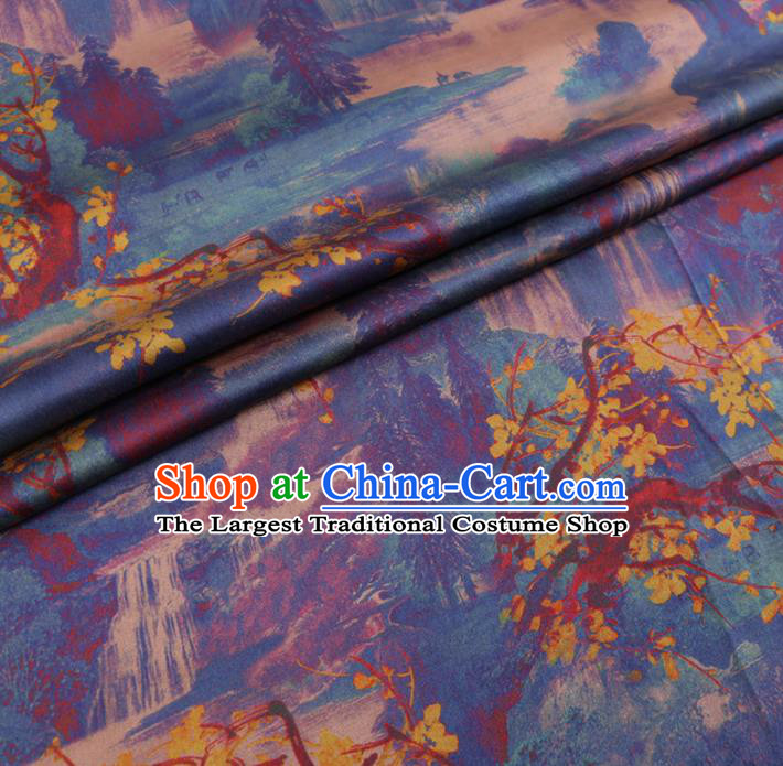 Chinese Cheongsam Classical Landscape Pattern Design Blue Watered Gauze Fabric Asian Traditional Silk Material