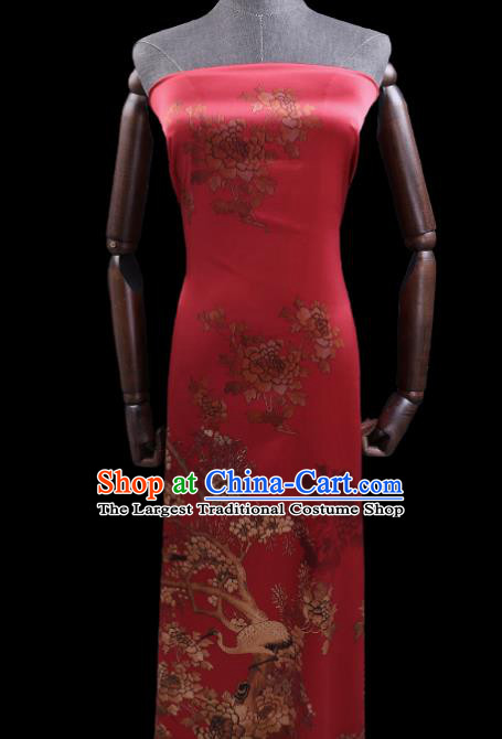 Chinese Cheongsam Classical Peacock Peony Pattern Design Red Watered Gauze Fabric Asian Traditional Silk Material