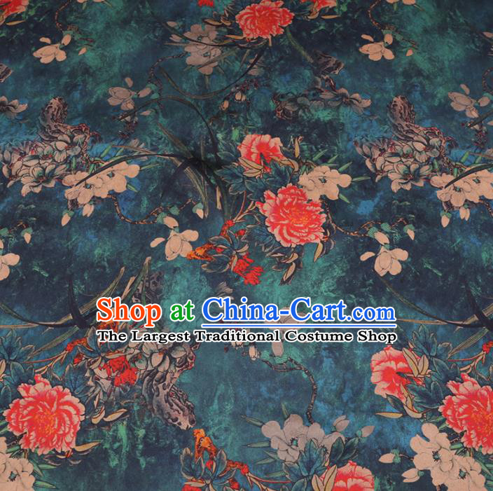 Chinese Cheongsam Classical Magnolia Peony Pattern Design Peacock Green Watered Gauze Fabric Asian Traditional Silk Material