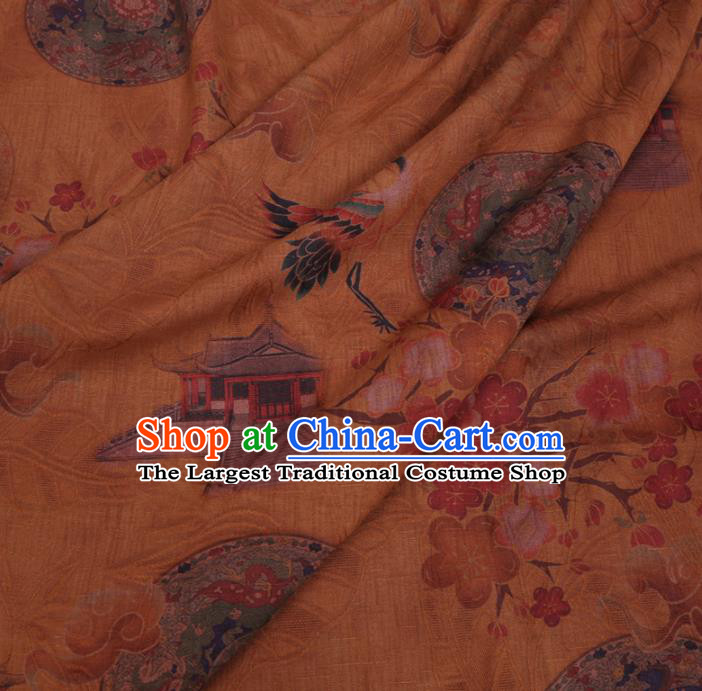 Chinese Cheongsam Classical Plum Crane Pattern Design Ginger Watered Gauze Fabric Asian Traditional Silk Material