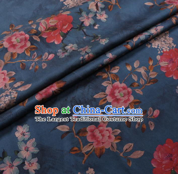 Chinese Cheongsam Classical Flowers Pattern Design Blue Watered Gauze Fabric Asian Traditional Silk Material