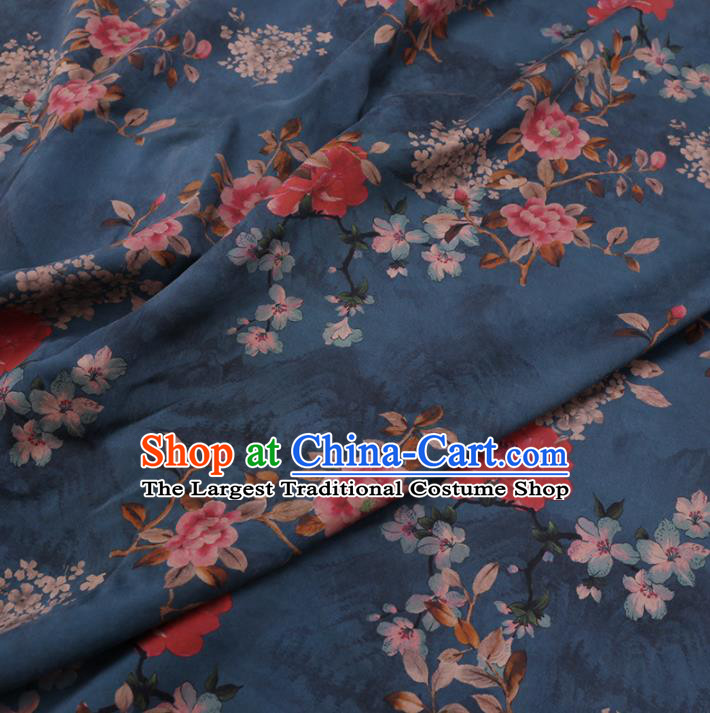 Chinese Cheongsam Classical Flowers Pattern Design Blue Watered Gauze Fabric Asian Traditional Silk Material
