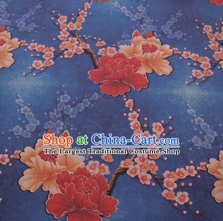 Chinese Cheongsam Classical Peony Plum Pattern Design Blue Watered Gauze Fabric Asian Traditional Silk Material