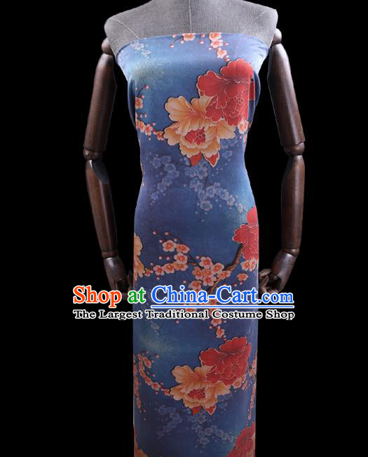 Chinese Cheongsam Classical Peony Plum Pattern Design Blue Watered Gauze Fabric Asian Traditional Silk Material