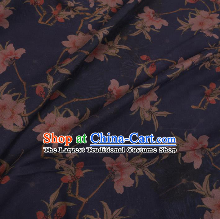 Chinese Cheongsam Classical Peach Flowers Pattern Design Navy Watered Gauze Fabric Asian Traditional Silk Material