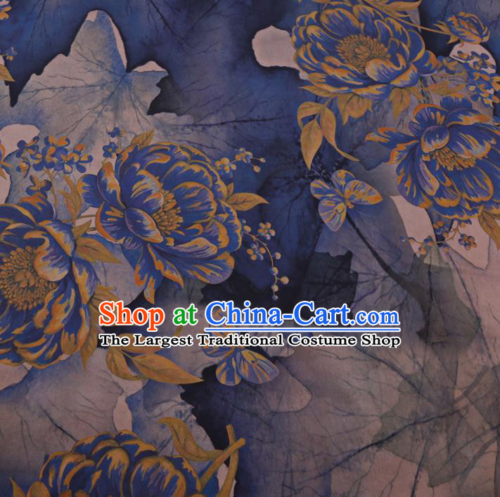 Chinese Cheongsam Classical Peony Flowers Pattern Design Navy Blue Watered Gauze Fabric Asian Traditional Silk Material