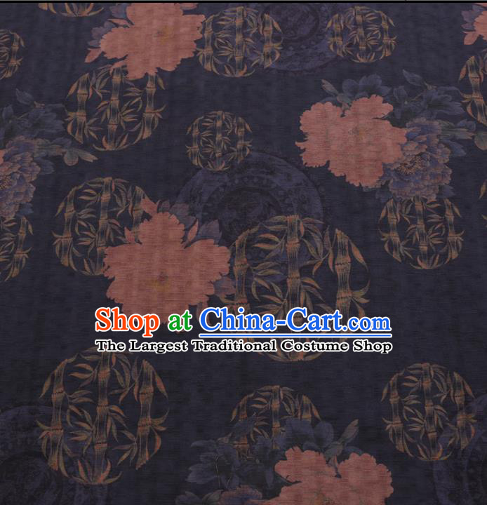 Chinese Cheongsam Classical Peony Bamboo Pattern Design Navy Watered Gauze Fabric Asian Traditional Silk Material