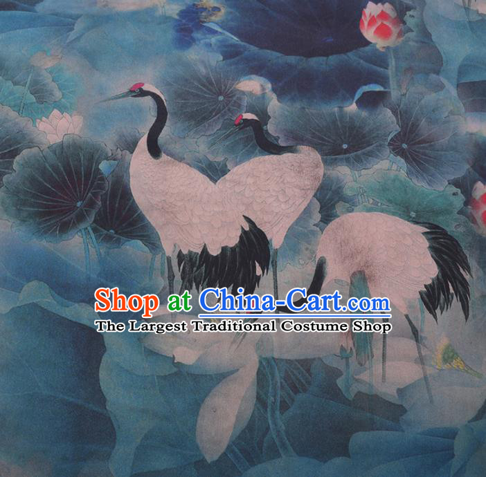 Chinese Cheongsam Classical Cranes Lotus Pattern Design Blue Watered Gauze Fabric Asian Traditional Silk Material