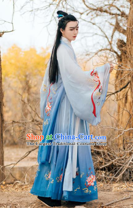 Chinese Ancient Nobility Childe Embroidered Blue Clothing Traditional Jin Dynasty Royal Prince Costumes for Men