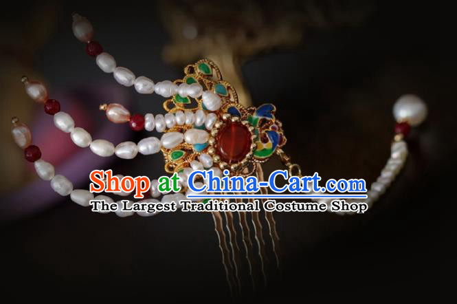 Chinese Handmade Ming Dynasty Princess Pearls Phoenix Hair Comb Hairpins Ancient Hanfu Hair Accessories for Women