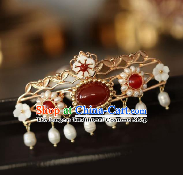 Chinese Handmade Ming Dynasty Princess Pearls Agate Hairpins Ancient Hanfu Hair Accessories for Women