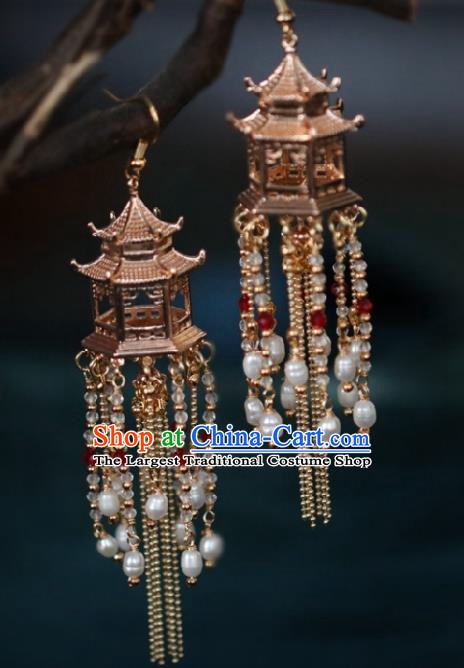 Chinese Traditional Hanfu Pearls Tassel Palace Earrings Handmade Ear Jewelry Accessories for Women