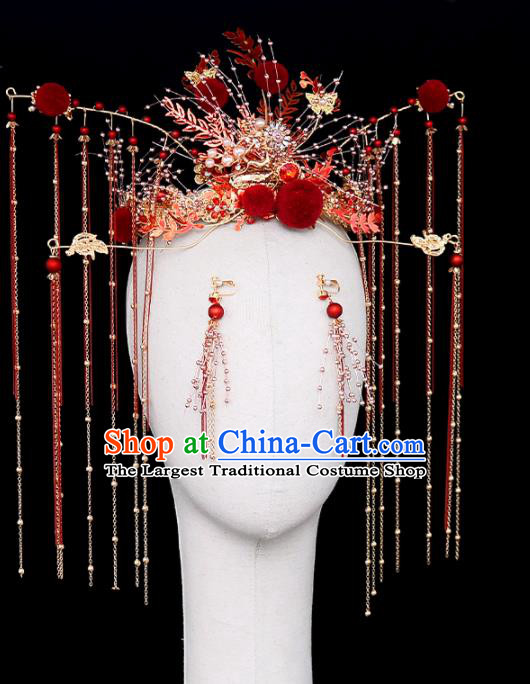 Chinese Traditional Wedding Red Phoenix Coronet Handmade Bride Hair Accessories for Women