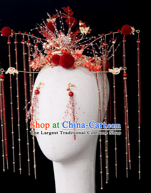 Chinese Traditional Wedding Red Phoenix Coronet Handmade Bride Hair Accessories for Women