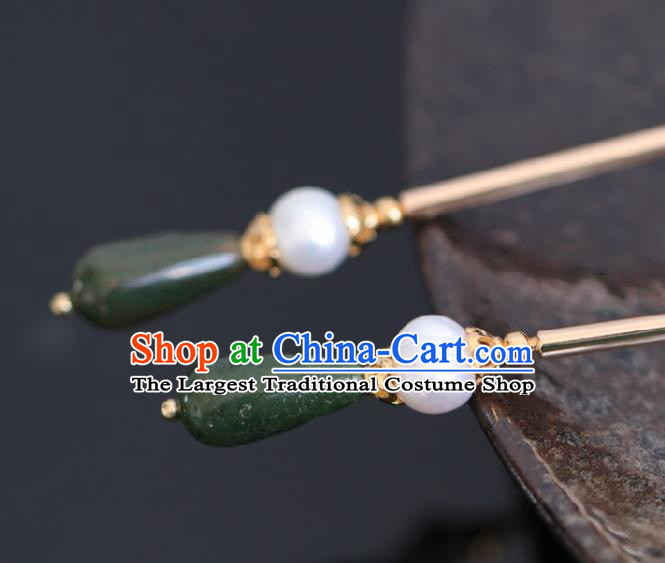 Chinese Handmade Ming Dynasty Queen Green Stone Hairpins Ancient Hanfu Hair Accessories for Women