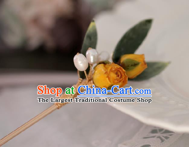 Chinese Handmade Ming Dynasty Princess Yellow Flowers Hairpins Ancient Hanfu Hair Accessories for Women