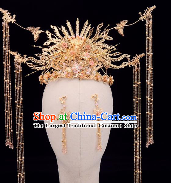 Chinese Traditional Wedding Pink Phoenix Hair Crown Handmade Bride Hair Accessories for Women