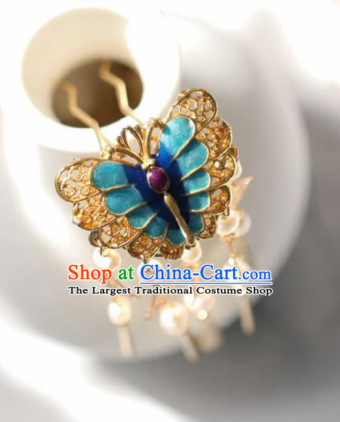 Chinese Handmade Ming Dynasty Queen Blue Butterfly Hairpins Ancient Hanfu Hair Accessories for Women