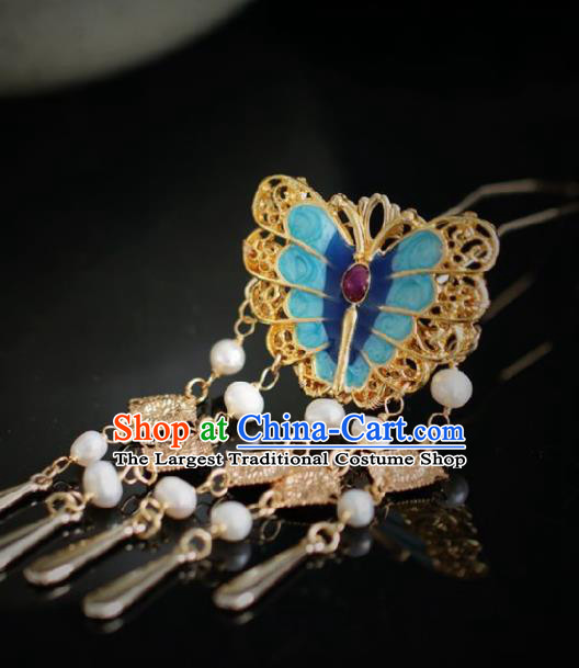Chinese Handmade Ming Dynasty Queen Blue Butterfly Hairpins Ancient Hanfu Hair Accessories for Women