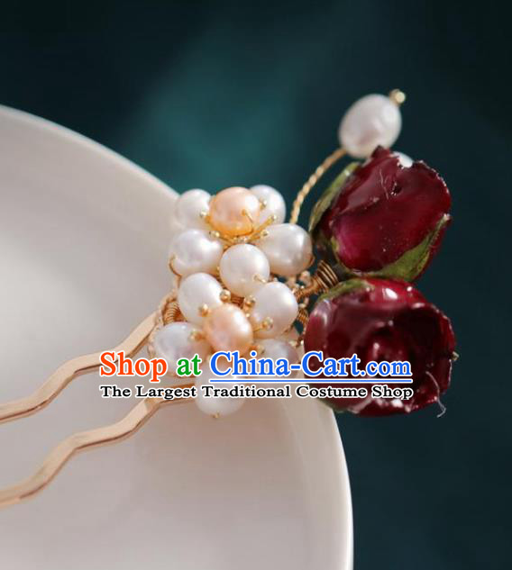 Chinese Handmade Ming Dynasty Princess Pearls Wine Red Flowers Hairpins Ancient Hanfu Hair Accessories for Women