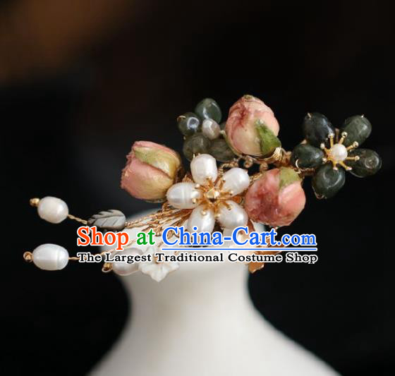 Chinese Handmade Ming Dynasty Princess Pink Flower Pearls Hairpins Ancient Hanfu Hair Accessories for Women