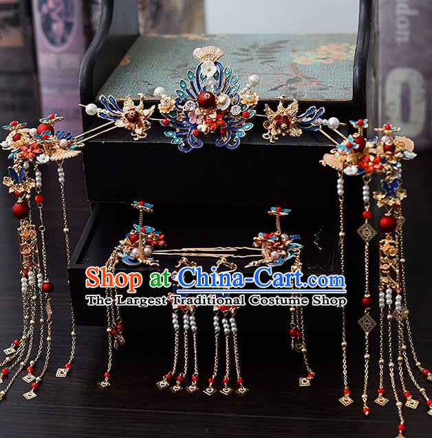 Chinese Traditional Wedding Cloisonne Tassel Hair Crown Hairpins Handmade Bride Hair Accessories for Women