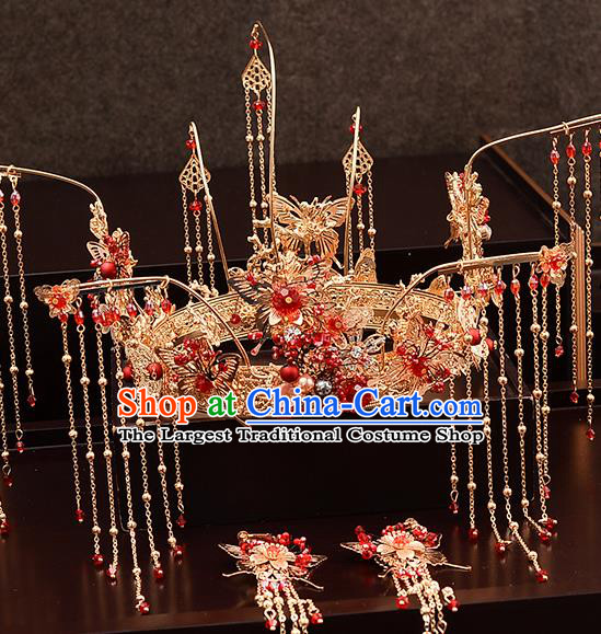 Chinese Traditional Wedding Queen Golden Tassel Hair Crown Hairpins Handmade Bride Hair Accessories for Women