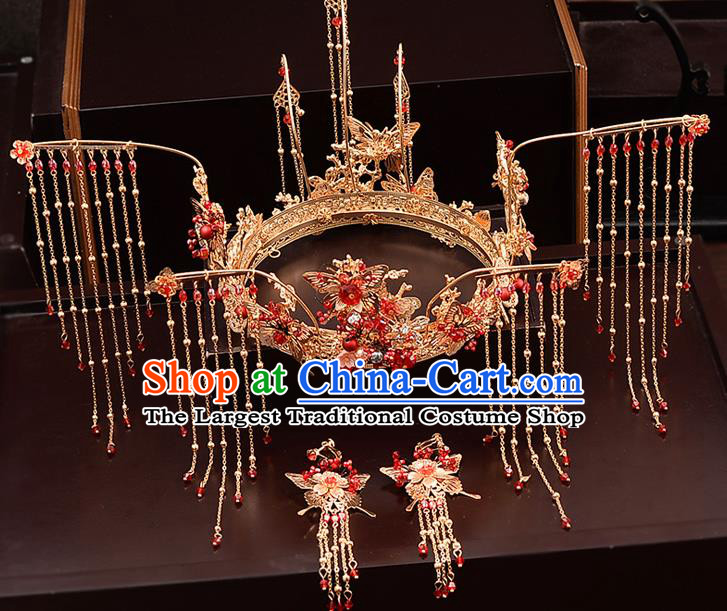 Chinese Traditional Wedding Queen Golden Tassel Hair Crown Hairpins Handmade Bride Hair Accessories for Women
