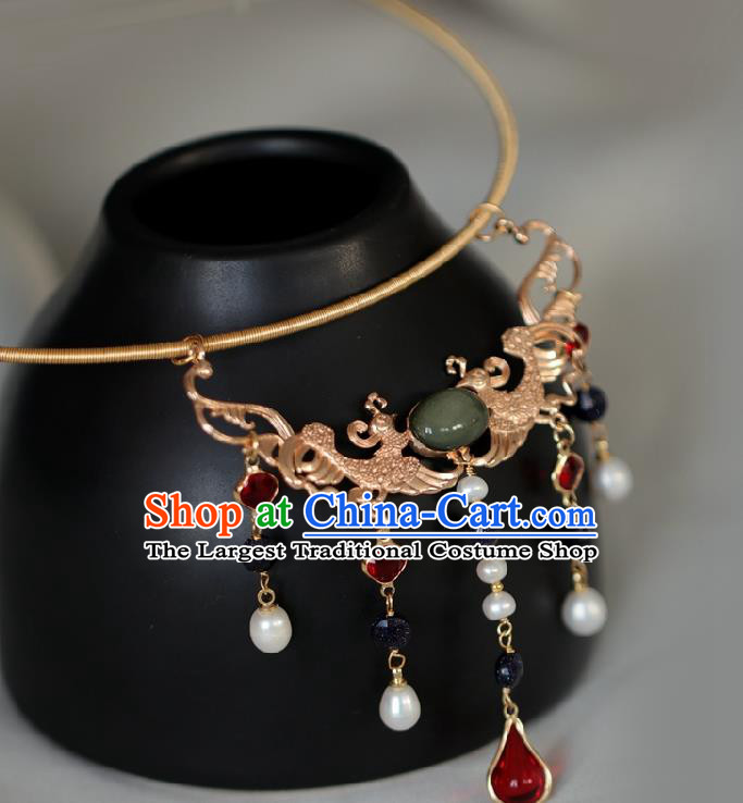 Chinese Traditional Ming Dynasty Golden Phoenix Necklace Handmade Ancient Princess Necklet Accessories for Women