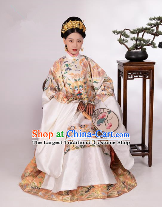 Traditional Chinese Hanfu White Brocade Robe and Skirt Ancient Ming Dynasty Imperial Empress Historical Costumes for Women
