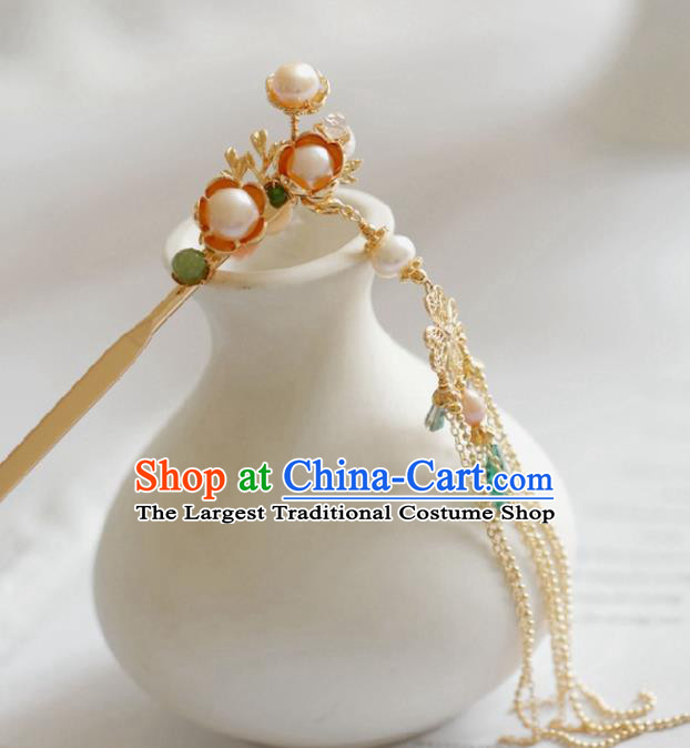 Chinese Handmade Tang Dynasty Princess Pink Pearls Tassel Hairpins Ancient Hanfu Hair Accessories for Women