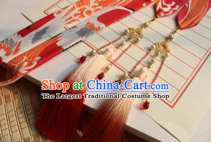 Chinese Traditional Hanfu Ming Dynasty Orange Ribbon Headband Handmade Ancient Princess Hair Accessories for Women