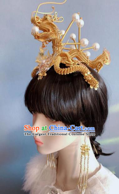 Chinese Handmade Classical Golden Dragon Hair Crown Ancient Empress Hanfu Hair Accessories for Women