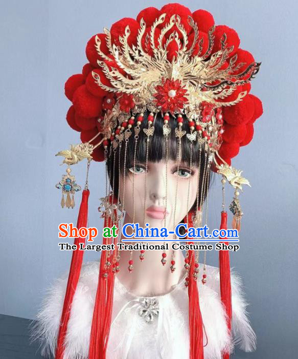 Chinese Handmade Classical Red Phoenix Coronet Hat Ancient Empress Hanfu Hair Accessories for Women