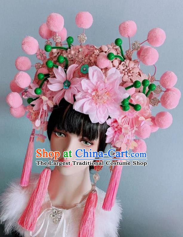 Chinese Handmade Classical Pink Peony Tassel Phoenix Coronet Hat Ancient Empress Hanfu Hair Accessories for Women
