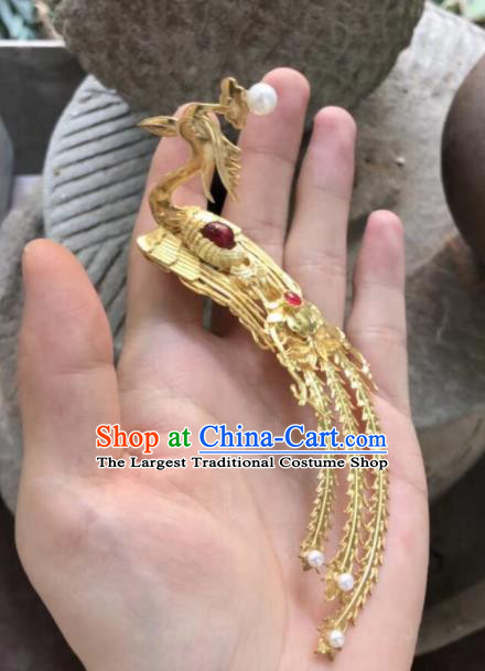 Chinese Traditional Hanfu Tang Dynasty Court Golden Phoenix Hairpins Handmade Ancient Royal Princess Hair Accessories for Women