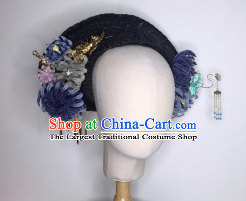 Chinese Handmade Qing Dynasty Court Velvet Flowers Hairpins Hat Phoenix Coronet Ancient Empress Hair Accessories for Women
