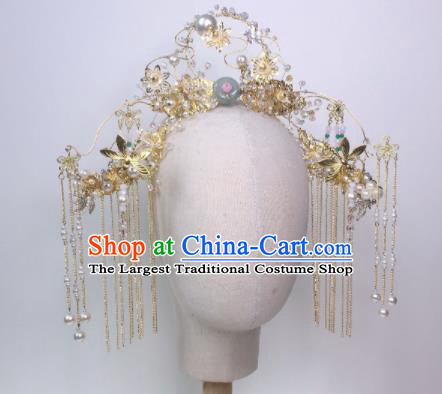 Chinese Traditional Hanfu Wedding Golden Tassel Hair Crown Handmade Ancient Princess Hair Accessories for Women