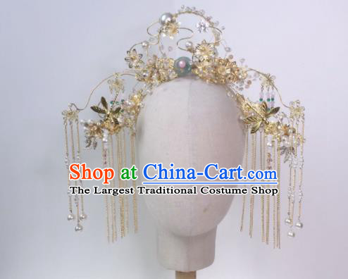 Chinese Traditional Hanfu Wedding Golden Tassel Hair Crown Handmade Ancient Princess Hair Accessories for Women