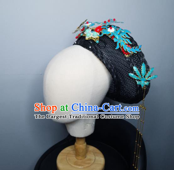 Chinese Handmade Qing Dynasty Manchu Blue Phoenix Hairpins Hat Ancient Imperial Consort Hair Accessories for Women