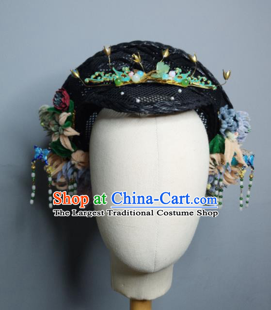 Chinese Handmade Qing Dynasty Manchu Velvet Chrysanthemum Hairpins Hat Ancient Imperial Consort Hair Accessories for Women