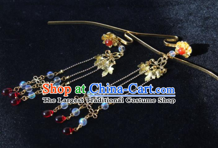 Chinese Handmade Ming Dynasty Princess Golden Leaf Tassel Hairpins Ancient Hanfu Hair Accessories for Women