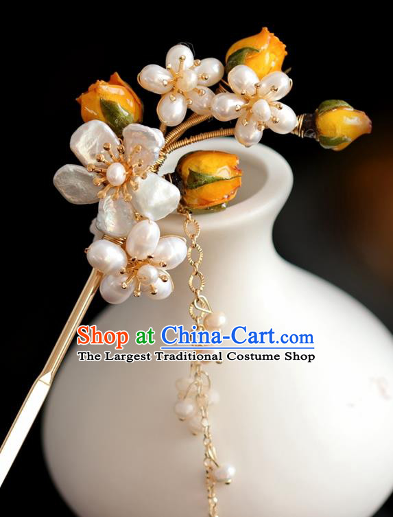 Chinese Handmade Ming Dynasty Princess Orange Flower Pearls Hairpins Ancient Hanfu Hair Accessories for Women