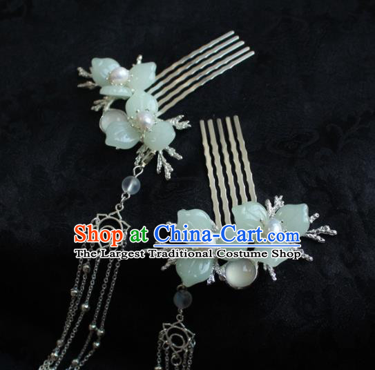 Chinese Handmade Ming Dynasty Princess Green Flower Hair Comb Hairpins Ancient Hanfu Hair Accessories for Women